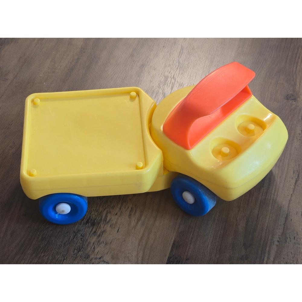 Vintage 1985 Little Tikes Yellow Flatbed Truck Blue Wheels Orange Handle Toy